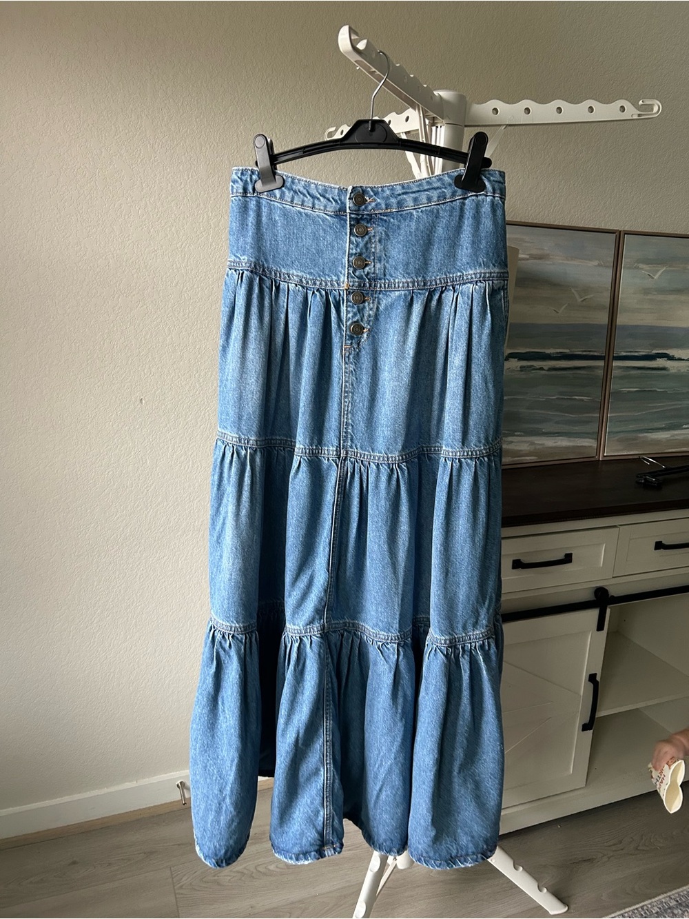 Free People Medium Wash Maxi-Tiered Denim Skirt - Picture 2 of 4